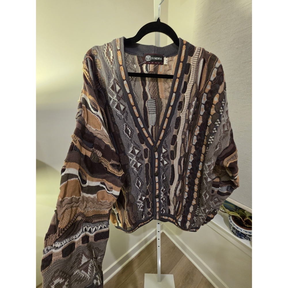 Tundra Canada Vintage 90s Y2K Earthy Green Brown 3D Knit Cardigan Mens XL